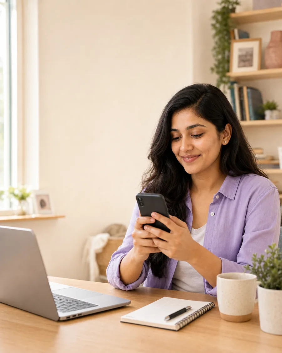 Indian woman reviewing a digital task on her phone