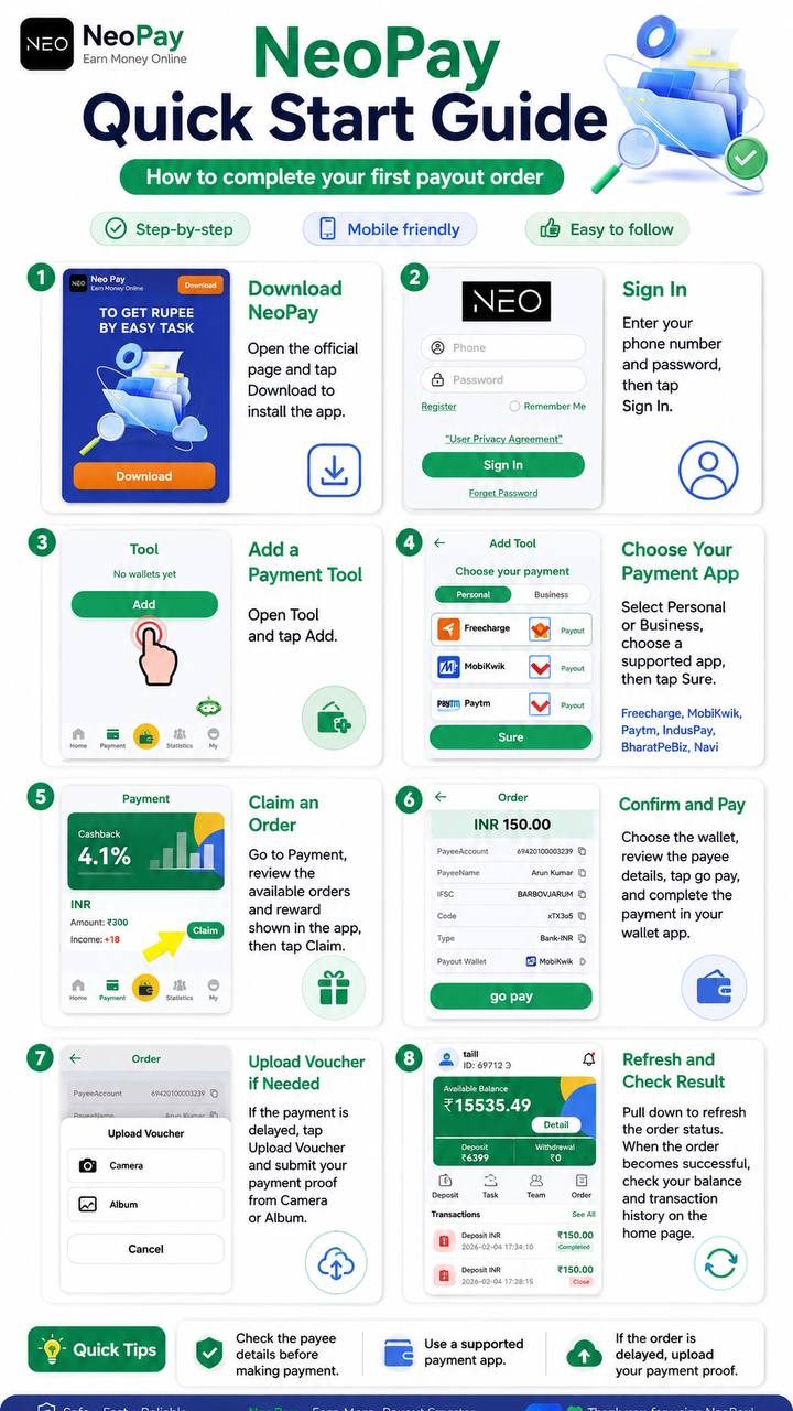 NeoPay quick start guide showing eight steps from download to checking the order result